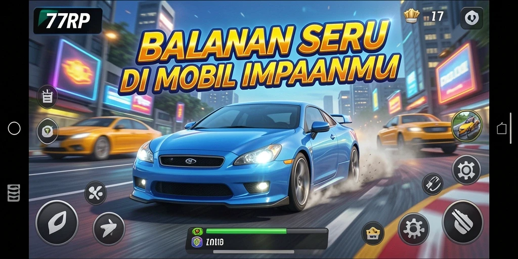 Screenshot gameplay 77RP menampilkan balapan mendebarkan dengan mobil berkecepatan tinggi.