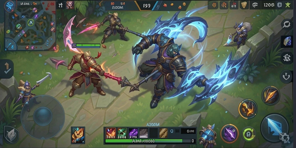 Tangkapan layar gameplay A200M menampilkan pertarungan seru antar hero di arena.