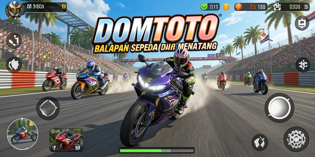 Screenshot utama DOMTOTO menampilkan aksi balapan sepeda motor yang mendebarkan.