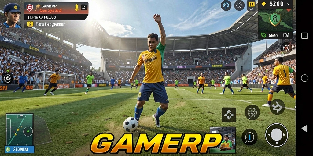 Screenshot utama GAMERP menampilkan aksi mendebarkan dalam permainan sepak bola.