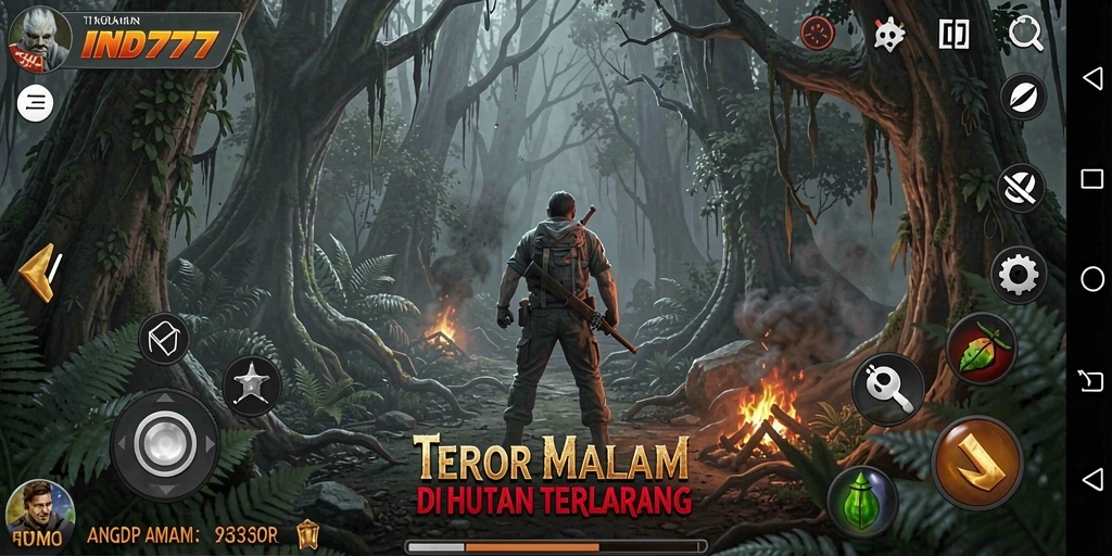 Screenshot gameplay IND777 menunjukkan momen menegangkan saat pemain dikejar oleh makhluk menyeramkan.