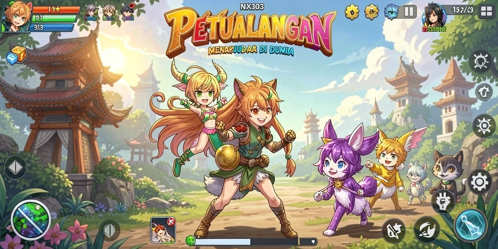 Screenshot gameplay NX303 menampilkan aksi karakter anime yang menakjubkan.