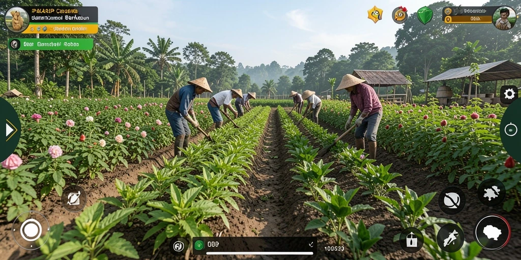 Screenshot gameplay PAKARJP menampilkan kebun yang subur dan interaksi petani.