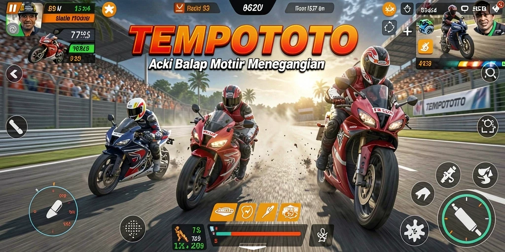 Screenshot tampilan gameplay balap motor yang mendebarkan.
