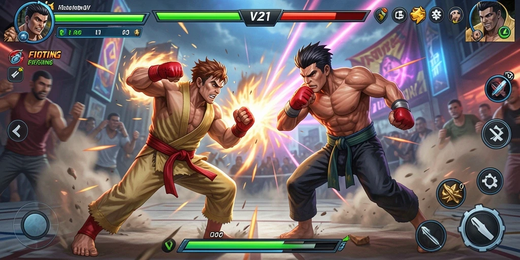 Screenshot gameplay <strong>V21</strong> menampilkan aksi pertarungan yang intens dan karakter-karakter unik.